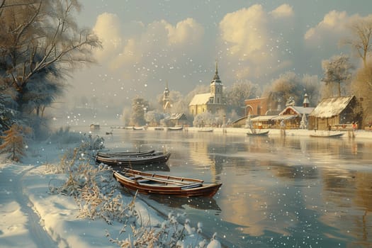 A picturesque winter scene showcasing a beautiful tranquil river, gorgeous snowy trees, and charming little cottages