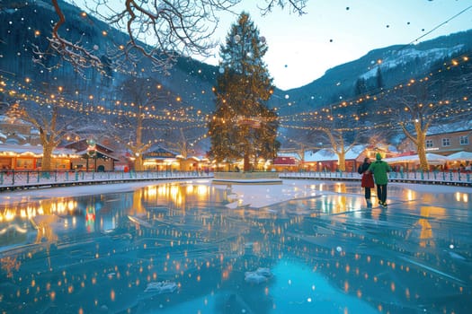 A picturesque winter scene that showcases an ice rink, colorful festive lights, and a beautifully decorated tree