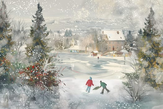 A picturesque winter scene with children joyfully playing in the snow, surrounded by tall evergreen trees