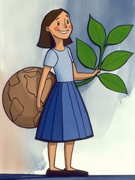 Cartoon illustration of a girl holding the earth and a plant branch, symbolizing environmental awareness and the importance of protecting our planet