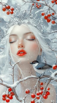 Portrait of a very beautiful woman in a winter forest, a fairy or mistress of the forest walks around her domain. High quality photo