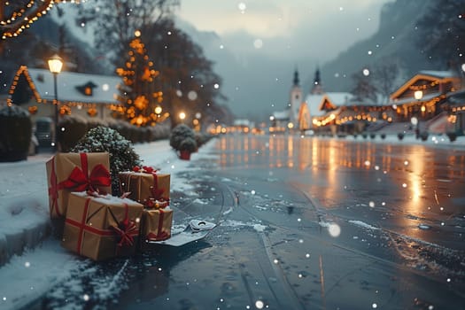 A picturesque winter village with snow, colorful presents, and festive lights, creating a perfect holiday atmosphere