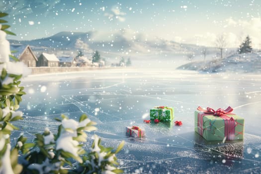 A scenic winter landscape with colorful gifts on a frozen lake, surrounded by gently falling snowflakes