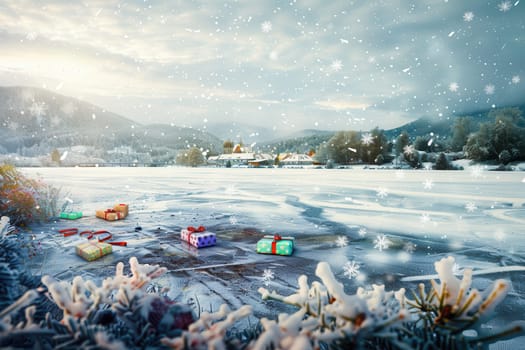 A tranquil and serene snowy landscape showcases an array of colorful gifts placed beautifully in a winter scene