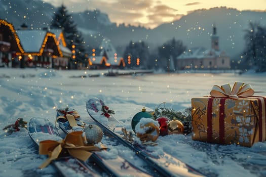 A stunningly picturesque winter scene filled with skis, delightful gifts, and sparkling snow in a cozy village setting