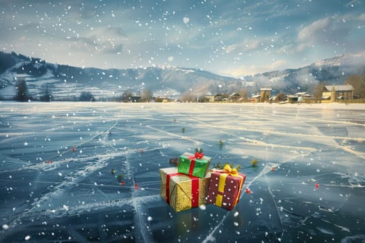 A tranquil and serene winter scene showcasing colorful presents arranged on a frozen lake as snowflakes gently fall