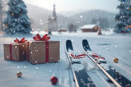 A tranquil and serene winter scene, showcasing skis beside wrapped gifts against a picturesque snowy backdrop