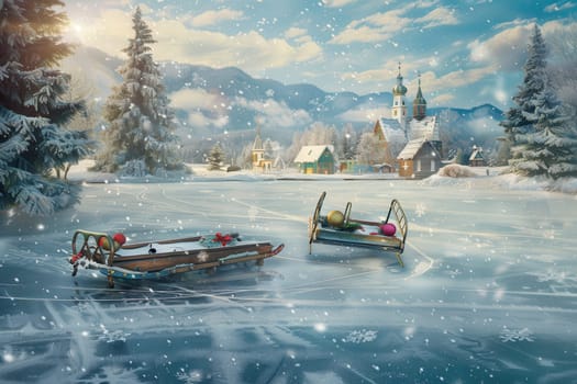 A tranquil and serene winter scene showcasing various boats resting on a frozen lake, embraced by snowcovered trees