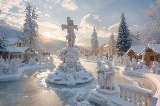 A tranquil winter landscape features a beautiful fountain among pristine snow and exquisite statues