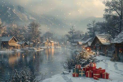 A tranquil winter landscape with glistening snow, a winding river, cozy cabins, and festive Christmas gifts