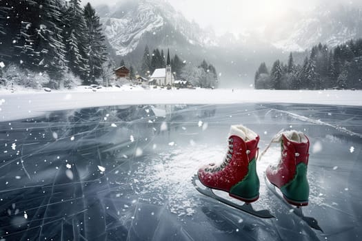 A tranquil winter landscape showcasing vibrant ice skates on a frozen lake with gentle snowflakes falling