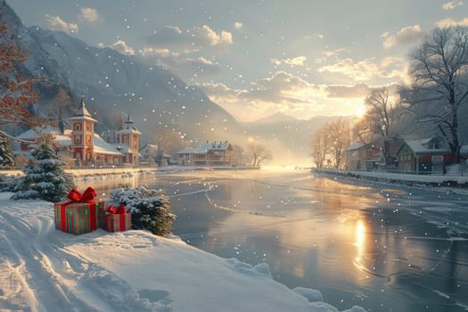 A tranquil winter scene featuring snow, a frozen river, and festive gifts amidst picturesque surroundings.
