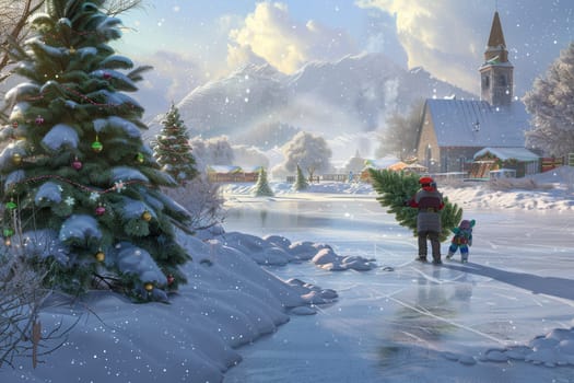 A tranquil winter scene of a family joyfully transporting a decorated Christmas tree by a frozen river