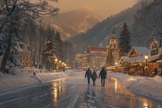 A tranquil winter scene showcasing snowcovered streets adorned with festive lights in a picturesque village