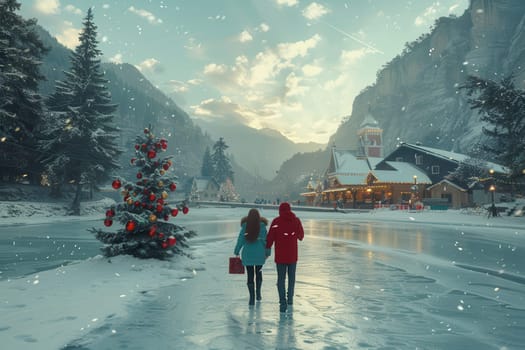 A tranquil, serene winter scene captures couples strolling by a frozen lake, gently illuminated by falling snowflakes