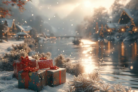 A truly picturesque winter scene that showcases soft snow, delightful Christmas gifts, and a tranquil river flowing