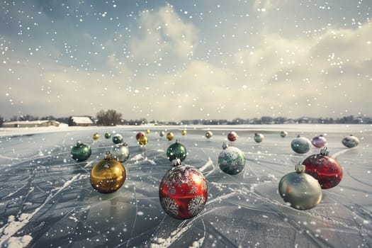 A variety of colorful Christmas ornaments are scattered across an icy surface, beautifully set beneath a snowy sky