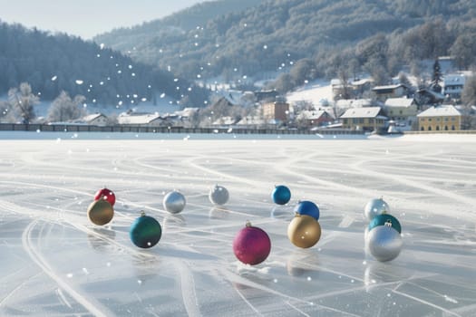 A variety of vibrant holiday ornaments beautifully scattered across a frozen lake with a stunning snowy background