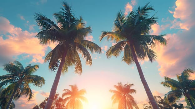 The sunset is casting a warm light over the beach, with palm trees silhouetted against the azure sky and fluffy clouds drifting by