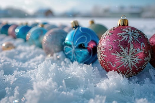 A vibrant array of dazzling, glittering Christmas ornaments is beautifully laid upon fresh and pristine white snow