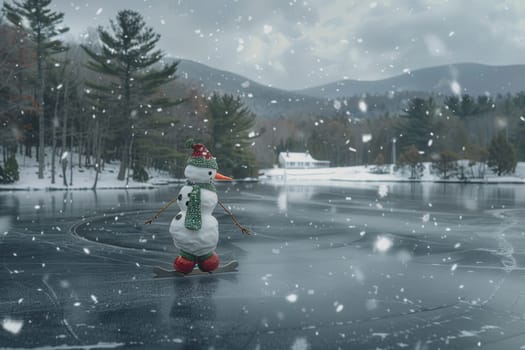 A whimsical snowman delightfully ice skating across a serene winter landscape beautifully blanketed in fluffy snowfall