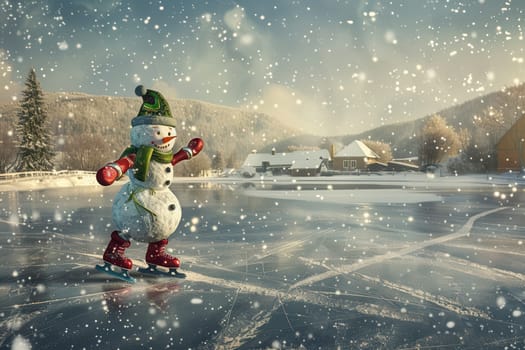A whimsical, cheerful snowman on delightful ice skates enjoying a beautiful, snowy winter scene all around