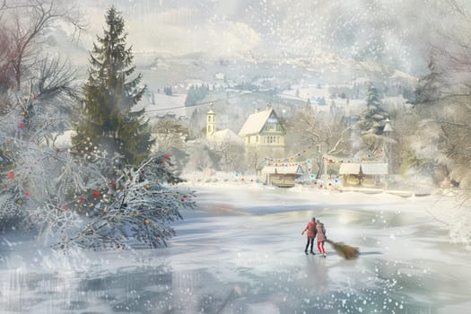 A winter scene shows a joyful family enjoying a snowy landscape, creating a warm and festive atmosphere