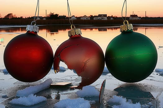 Beautiful Christmas ornaments beautifully reflecting the vibrant sunset, set against a serene wintery backdrop