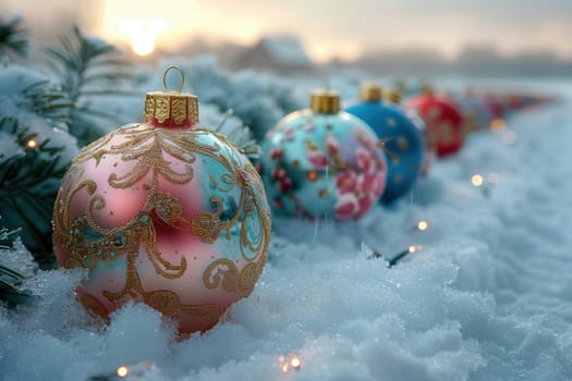 Beautifully adorned and decorated ornaments placed artfully on fresh snow, creating a truly festive winter atmosphere