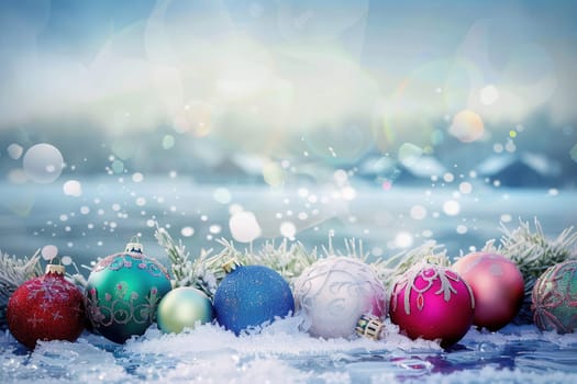 Beautifully decorated Christmas ornaments are resting gracefully on soft snow, creating a truly festive winter ambiance