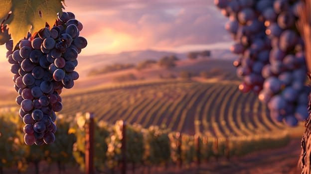 Sunset over vineyard, ripe grapes hanging on vines, rows of lush greenery in background.