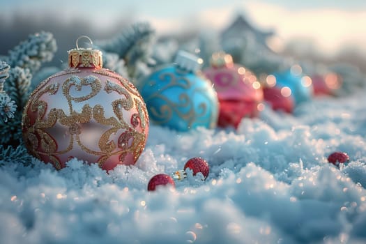 Beautifully decorated ornaments resting on fresh, glistening snow, creating a truly festive winter scene