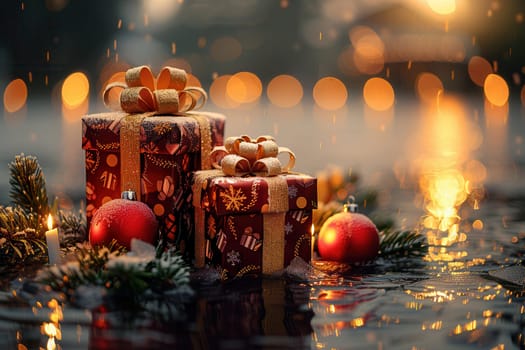 Beautifully wrapped Christmas presents adorned with ornaments, candles, and a charming festive bokeh background