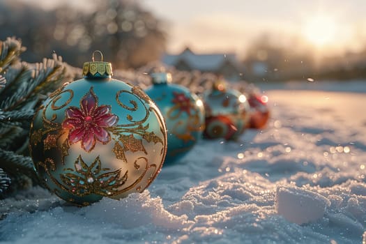Bright ornaments sparkle in the white snow, capturing the joyful essence of the festive holiday season