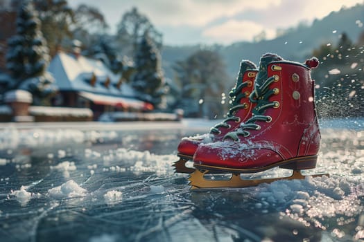 Charming red ice skates beautifully adorned with fresh snow, set against a wonderfully picturesque winter landscape