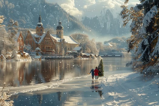 Charming winter scene with snow-covered trees, a river, and couples walking in a picturesque landscape.