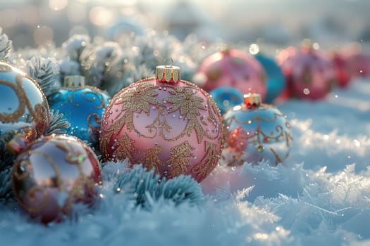 Christmas ornaments resting beautifully among soft snowflakes, capturing the festive spirit of this magical season