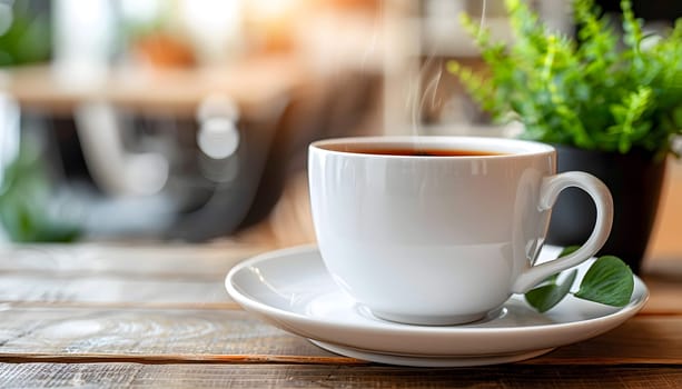 A coffee cup is placed on a saucer atop a wooden table, surrounded by a plant. The tableware and drinkware create a cozy setting for enjoying food and drink