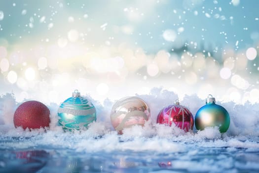 Christmas ornaments resting on soft snow, adorned with sparkling lights against a charming winter backdrop