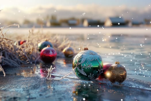 Colorful Christmas ornaments are resting on the icy ground, beautifully displayed in a serene winter setting