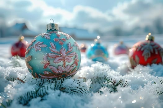 Colorful Christmas ornaments rest on a snowy landscape, capturing the joyful festive spirit of the season