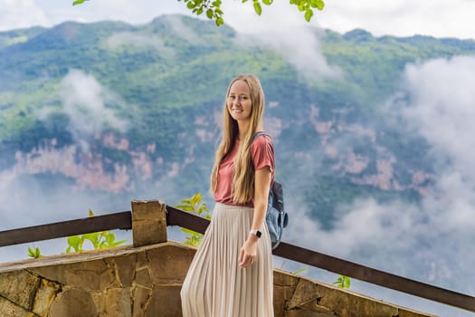 Female tourist exploring Sumidero Canyon National Park, Mexico. Adventure, natural exploration, and travel experience concept.