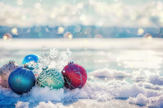 Colorful Christmas ornaments rest on the snow, creating a picturesque scene with beautiful bokeh lights