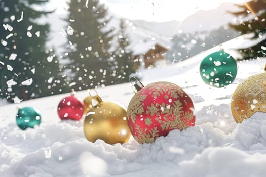 Colorful Christmas ornaments scattered across the snowy landscape with gentle snowflakes and evergreen trees