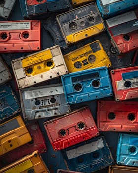 A stack of rectangular cassette tapes, adorned with electric blue paint in a circular pattern, resembling an art piece in visual arts