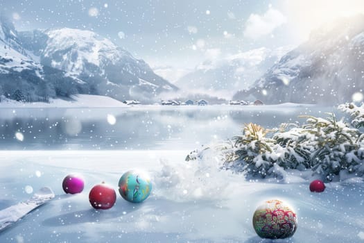 Colorful Easter eggs rest on soft white snow by a tranquil lake, framed by majestic surrounding mountains