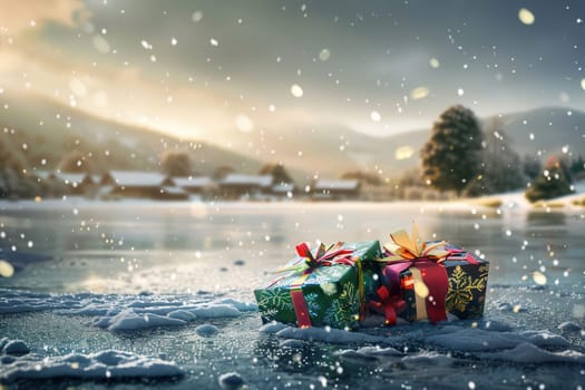 Colorful festive gifts displayed on a snowy lake, complemented by a serene winter landscape in the background