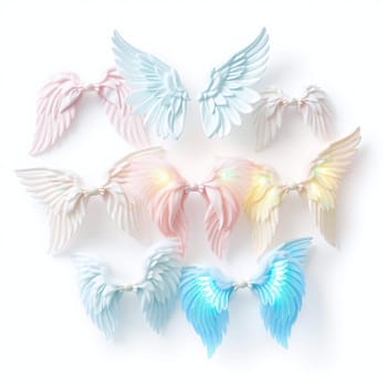 A collection of intricately designed decorative wings in pastel colors showcases a range of styles. The wings feature soft shades of pink, blue, and yellow, creating a whimsical atmosphere.