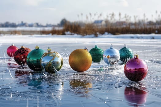 Colorful holiday ornaments scattered on ice, capturing the essence of winter festivities and celebrations