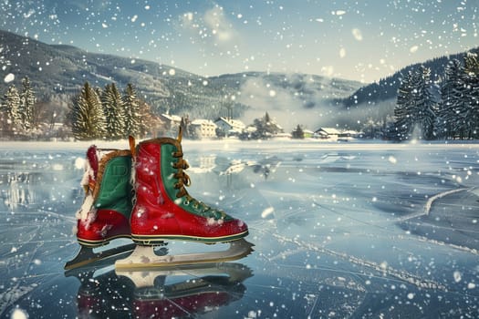 Colorful ice skates glide over a pristine frozen lake in a serene snowy landscape, evoking winter cheer